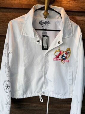 Primitive X Sailor Moon cropped white button up coaches windbreaker jacket. SM